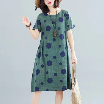 Kısa kollu pamuk keten vintage Polka Dot elbiseler kadınlar için rahat gevşek midi yaz elbisesi zarif giysiler 2022