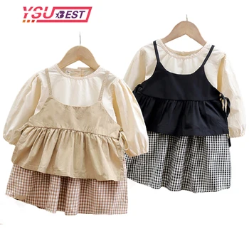 Kız Elbise Elbise Setleri Izgara Bebek Yürüyor Çocuk Kıyafetler Şık yazlık t-Shirt + Elbise 2 adet Çocuk Giysileri Kız rahat elbise