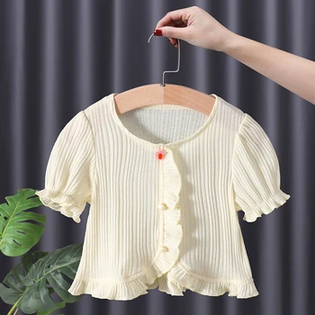 Kız Gömlek Yaz Çocuk Giyim Puf Kollu Üst Toddler Tees Ruffles Düğme T-shirt Yaz Kore Tarzı kısa Kollu bluz