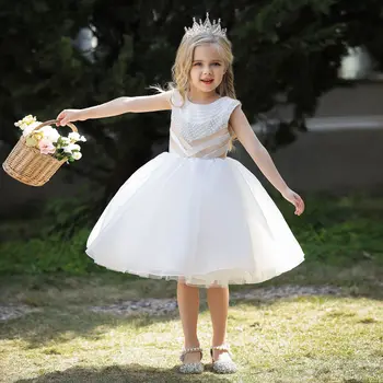 Kız Petal İnci Doğum Günü Gösterisi Elbise Prenses Yay Çiçek Elbise Kız Festivali Resmi Ziyafet Parti Düğün Resmi Nedime Dre