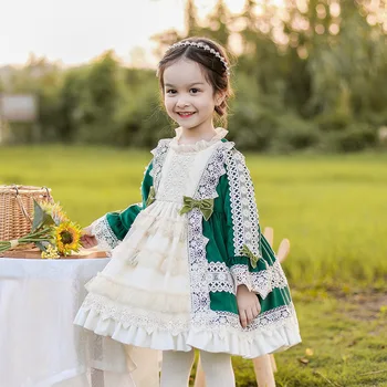 Kız Sonbahar Kış Elbise Kadife İspanyol Ponpon Balo Prenses Lolita Elbise Çocuklar için Kız Noel Doğum Günü Elbise