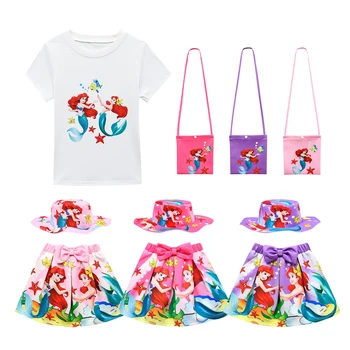 Kızlar yazlık t-shirt Setleri Çocuk Kısa Üst Etek Baskılı Prenses Ariel Elbise Çocuklar için güneş şapkaları Çocuk Plaj Kıyafeti Kumaş