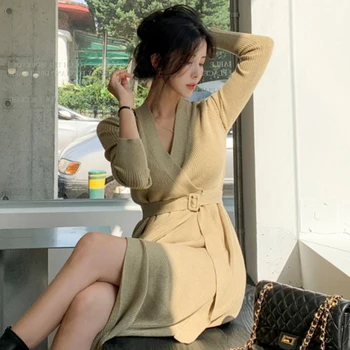 Kış 2022 Elbiseler Sıcak Kadın Zarif Kore Vintage Sonbahar Örme Giyim Kalın Yeni Katı Kazak Elbise Kadın Kemer Siyah