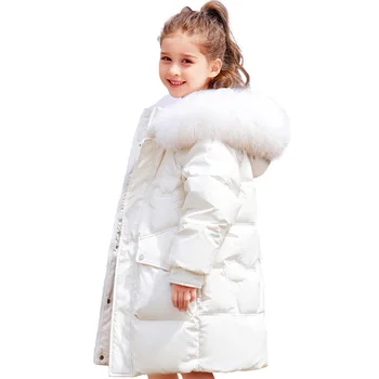 Kış Ceket Kız Ördek Aşağı Uzun Ceket Doğal Beyaz Kürk Kalınlaşmak Sıcak Kapşonlu Kabanlar Genç Kız Rüzgar Geçirmez Takım Elbise Çocuk Giysileri