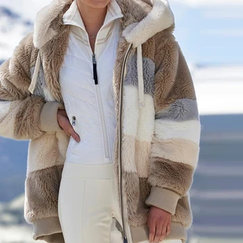 Kış Kadın Ceket Sıcak Peluş Rahat Gevşek kapüşonlu ceket Karışık Renk Patchwork Kış Dış Giyim Faux Kürk Fermuar Bayanlar Parka Ceket