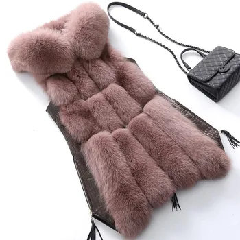 Kış kadın kürk Ceket Faux Fox Kürk Yelek Moda Kapşonlu Kürk Yelek Yan Fermuar dikiş deri Sıcak Dış Giyim wq809w