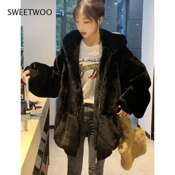 Kış Kalın Sıcak Faux Tavşan Kürk Ceket Yeni Kadın Uzun Kollu Kapşonlu Kürk Ceket Palto Moda Dış Giyim