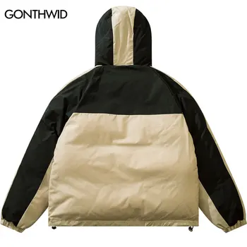 Kış Kapşonlu Parkas Ceketler Erkek Su Geçirmez Rüzgar Geçirmez Kalınlaşmak Sıcak Kabarcık Cepler Mont Harajuku Moda Renk Bloğu Açık