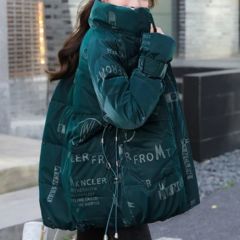 Kış Kore Gevşek Kadın Kalınlaşmış Ceketler Mont Yeşil Büyük Boy Kadın Parkas Giyim Beyaz Mektup Baskı