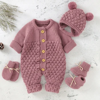 Kış Sıcak Örme Bebek Tulum Bebek Ayakkabı + Eldiven Elbise Sonbahar Yenidoğan Erkek Kız Tulum Kıyafet Yürüyor Bebek Triko