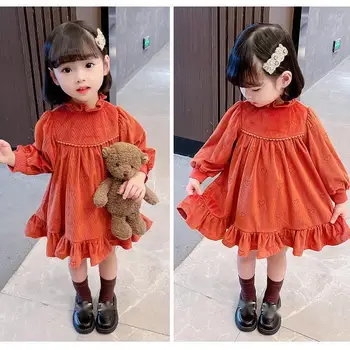 Kış çocuk Elbise Çift Katmanlı Artı Kadife İşlemeli Kız Prenses Elbiseler Çocuk Giysileri 1-6 Yıl