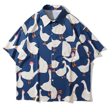 LACİBLE Ördek Baskı Büyük Boy Gömlek Erkekler Yaz Harajuku Rahat Kaz Baskı Kısa Kollu Gömlek Tee Hawaii Plaj Gömlek Streetwear