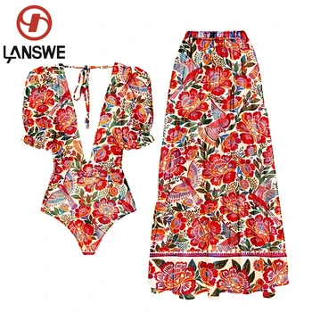Lanswe2023 Yeni Moda Kadınlar Kapak Mayo Retro Baskı Derin V Muhteşem Kırmızı Ve Tek Parça Takım Elbise Mayo Yaz Plaj Kıyafeti