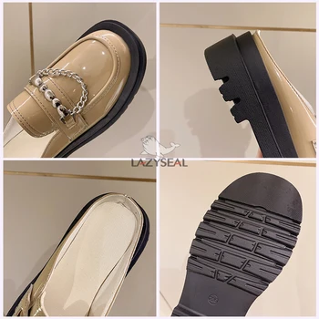 LazySeal Metal Zincir Tasarım Kadın Ayakkabı Daireler Üzerinde Kayma Büyük Size43 Terlik Deri Yuvarlak Ayak Öğrenci Ayakkabı Kız Lolita Ayakkabı Mokasen