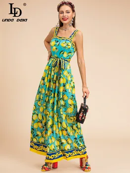 LD LINDA DELLA Moda Pist yaz elbisesi Kadın Bohemia Tatil Limon Baskı Kuşaklı Zarif Spagetti Kayışı uzun elbise Vestidos