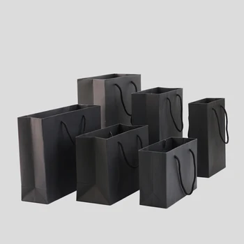 Logo baskılı saplı kağıt torba ile toptan özel baskılı siyah lüks alışveriş hediye kağıt torba