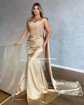 LORİE Şampanya Arap Kadınlar Denizkızı Akşam 2022 Tek Omuz Glitter Payetler Elbise Seksi Yan Bölünmüş Balo Elbiseleri Parti Elbiseleri