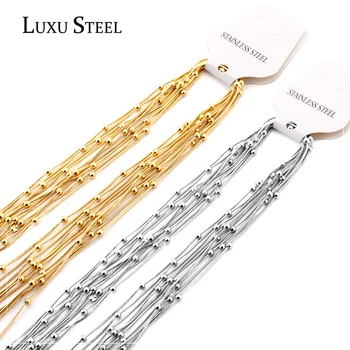 LUXUSTEEL 5 adet sürü Paslanmaz Çelik Yuvarlak Boncuklu Yılan Zincirler Kolye Yaka Kadın Aksesuarları Altın Renk Gümüş Ton Toptan