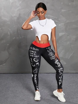 LW Mektup Baskı Yüksek Sıkı Tayt Kadınlar Casual Slim Yoga Kılıf Sıska Temel Örgü Günlük Sportif Kalem Pantolon
