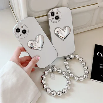 Lüks 3D Aşk Kalp Bilezik Kılıfı iPhone 13 12 11 Pro Max X Xr Xs 8 7 Artı SE Boncuk Bilek Zinciri Kayışı Mat Kordon Kapağı