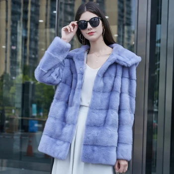 Lüks hakiki vizon kürk ceket, kapüşonlu ceket, kış gerçek kadın orta uzunlukta büyük yaka moda sıcak çizgili vizon ceket