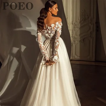 Lüks MM033 düğün elbisesi Kadınlar İçin Tekne Boyun Tam Kollu Düğme Aplikler gelin kıyafeti A-LİNE Kat Uzunlukta Robe De Mariee
