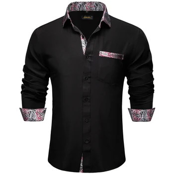 Lüks Siyah Elbise Gömlek Erkekler için uzun kollu giyim Smokin Sosyal Rahat Ekleme Paisley Yaka Manşet Erkek Gömlek