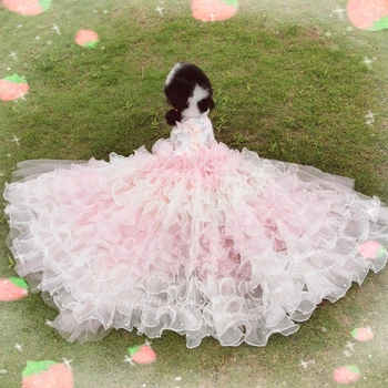 Lüks Tasarım El Yapımı Köpek Giysileri Evcil Hayvan düğün elbisesi Firar Prenses Pembe Balo Karmaşık Süslemeler Asil Aksesuarları