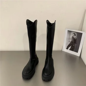 Marka Yeni Bayanlar Platformu Siyah Çizmeler Moda Tıknaz Med Topuklu Diz Yüksek Çizmeler Kadın Rahat parti ayakkabıları Kadın Uyluk Yüksek Çizmeler