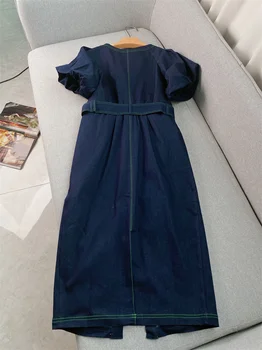 Mavi Kontrast Çizgi Tasarım Puf Kollu Denim Elbise 2022 Yaz Fransız Kare Boyun Banliyö Tek göğüslü Düz A-line Etek