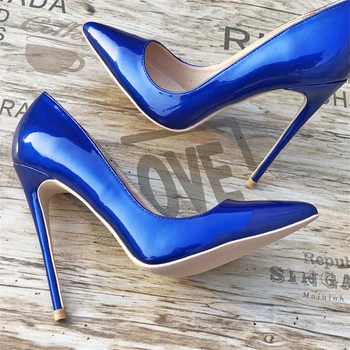 Mavi Seksi yüksek topuklu kadın ayakkabısı Stiletto 12 cm Pompaları Mavi Sivri Burun Kadın Ayakkabı Parti Artı Boyutu 34-45 QP044 ROVICIYA
