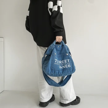 Mektup Denim omuz çantaları Kadınlar İçin Moda Alışveriş Çantası Rahat Eko Çanta Kore kanvas postacı çantası Y2K Üniversite Tote Çanta INS