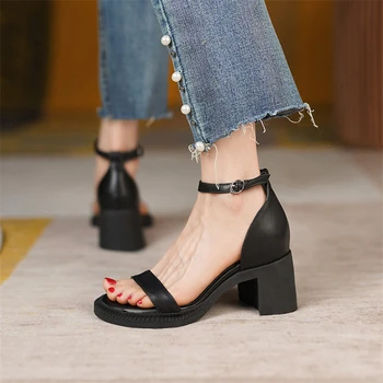 Meotina Kadın Sandalet Hakiki deri Ayakkabı Ayak Bileği Kayışı Yuvarlak Ayak Kalın Topuklu Sandalet Toka Askı Lady Ayakkabı Yaz Bej 41