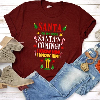 Merry Christmas Karikatür Kadın T-shirt Santa Aman Tanrım Noel baba'nın Geliyor Biliyorum Onu Baskı Komik Kadın Grafik T Shirt Poleras Mujer