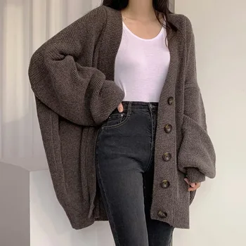 Midi Hırka Ceket Kadın Kore Şık V Boyun Gevşek Uzun Kollu Örgü Kazak Sonbahar Kış Yeni Kadın Moda Rahat Hırka