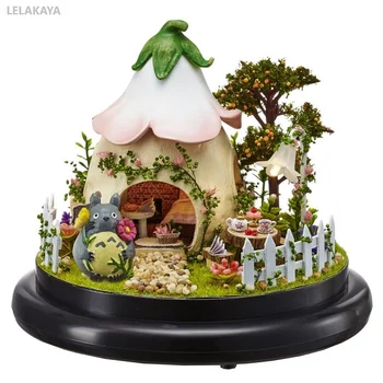 Mini Bebek Evi DIY Totoro Küçük El Yapımı Ahşap Minyatür Montaj bebek evi cam küre dollhouse Dekorasyon Kiti Yeşil Bahçe