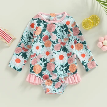 Moda 2023 Yaz Toddler Yenidoğan Bebek Kız Mayolar Çiçek Baskı Uzun Kollu Fermuar Kazak Bodysuits Mayo Kıyafetler