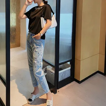 Moda Elmas Yüksek Bel Kot Kadın Bahar Yeni Gevşek Düz Denim Pantolon Kadın İnce Rahat Ofis Bayan Mavi Pantolon