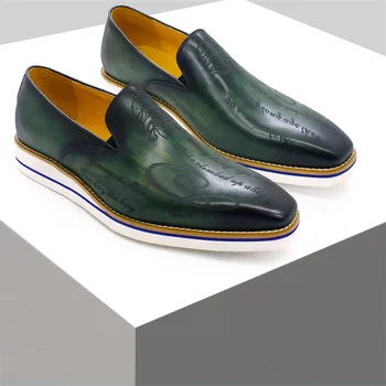 Moda erkekler rahat ayakkabılar yeşil rahat düz loafer'lar klasik sivri el yapımı deri ayakkabı ofis ziyafet erkek deri ayakkabı