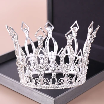 Moda Gümüş Renk Tiaras Taçlar Kristal Kraliçe Prenses Diadem Gelin Yuvarlak Taç Saç Takı Düğün Kadın saç aksesuarları