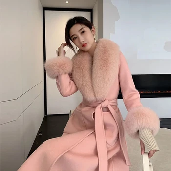 Moda Mizaç Yün Palto Bayan 2022 Sonbahar Kış Yeni Kore Kürk Yaka Kalınlaşmak Sıcak İnce Uzun Yün Ceketler Kadın