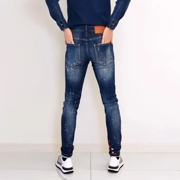 Moda Streetwear Erkekler Kot Retro Mavi Elastik Ince Yırtık Kot Erkekler Yüksek Kaliteli Nakış Tasarımcı Marka Kot Pantolon Hombre