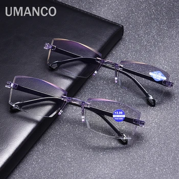 Moda Ultralight Çerçevesiz Dikdörtgen okuma gözlüğü Erkekler Kadınlar için Anti mavi ışık kristal Reçine Lensler Presbiyopi gözlük + 1.0