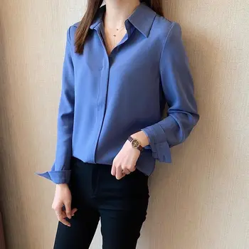 Moda Yaka Düz Renk Tüm Maç Bluz Kadın Giyim 2022 Sonbahar Yeni Büyük Boy Gevşek Casual Kazaklar Ofis Bayan Gömlek