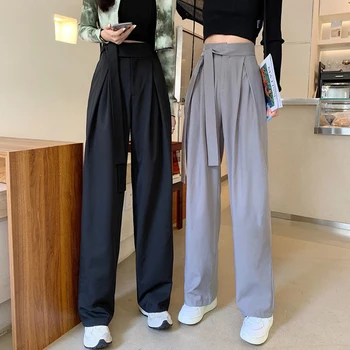 Moda Yay Ofis Bayan Geniş Bacak Pantolon Yaz Gevşek Yüksek Bel Elastik Kadın Düz Pantolon Rahat Kore Katı Takım Elbise Pantolon