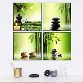 Modern Yeşil Bambu Zen Mum 4 Paneller Posterler Baskılar Dini Resimler Oturma Odası Dekorasyon Için Tuval Duvar Sanatı Boyama