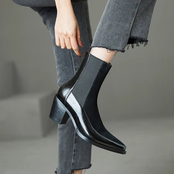 MoonMeek 2023 Yeni Fermuar Sentetik yarım çizmeler Bayanlar Kış Sonbahar Kadın Botları Kalın Yüksek Topuklu platform ayakkabılar
