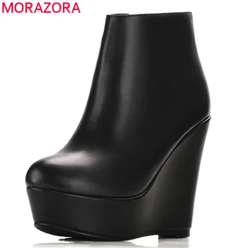 MORAZORA 2022 sıcak satış hakiki deri çizmeler yuvarlak ayak bahar sonbahar yarım çizmeler kadın platformu moda takozlar yüksek topuklu ayakkabılar