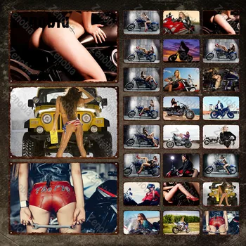 Motosiklet ve Sıcak Seksi Kızlar Metal Poster Yakışıklı Motosiklet Kadın Metal Tabelalar Teneke İşaretleri Dekoratif Demir Boyama Garaj Dekor