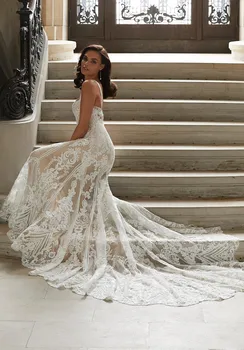 Muhteşem Dantel düğün elbisesi Mermaid Spagetti Kayışı Sweep Tren Custom Made Boho Plaj gelin kıyafeti Robe De Mariée